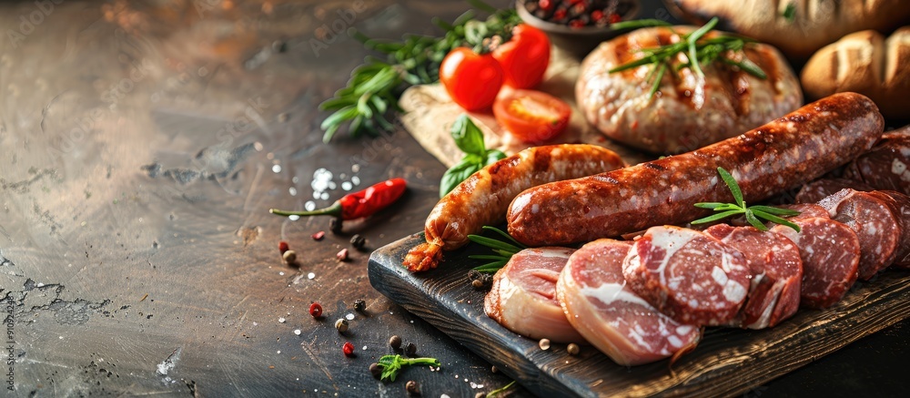 Poster A tempting and nutritious fresh meat product such as sausages made of chicken or pork as an appetizing and healthy meal or snack beautifully arranged on a rustic table with copy space image in the ba