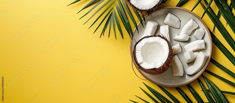 Poster Top view of a sliced coconut with coconut pieces on a plate against a yellow backdrop featuring palm leaves with space for text in the image. Creative banner. Copyspace image