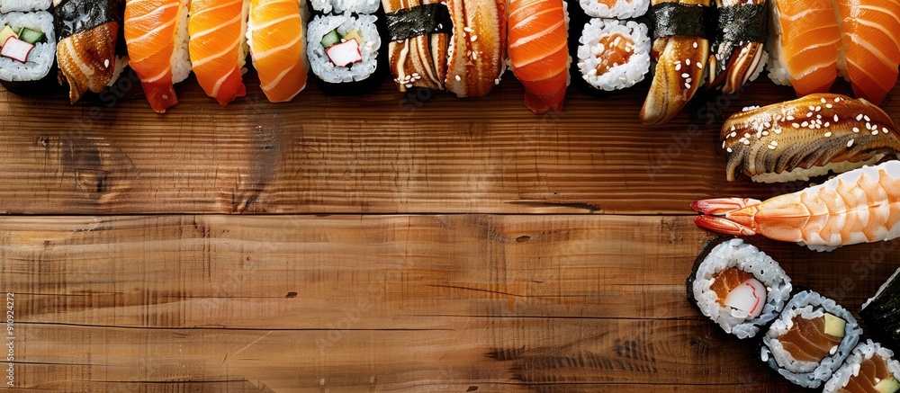 Fototapete a top down view of sushi displayed on a wooden table featuring a copy space image