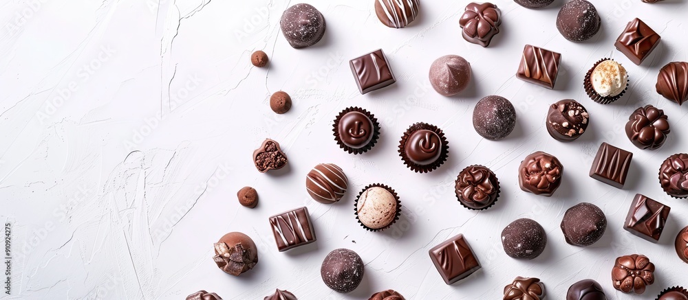 Sticker Various tasty chocolate candies arranged on a blank white surface for text placement in a flat lay copy space image