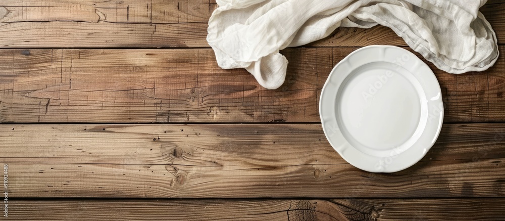 Poster Wooden table background with an empty white plate and napkin providing a clean and classic copy space image