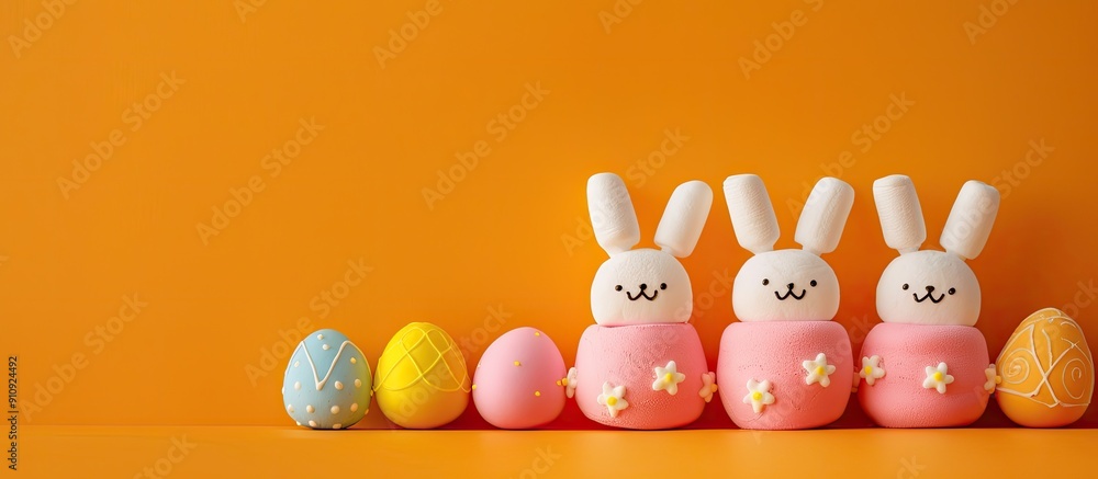 Aufkleber An image suitable for Easter featuring three marshmallow bunnies and colorful chocolate Easter eggs on an orange surface with a yellow background offering space for copying