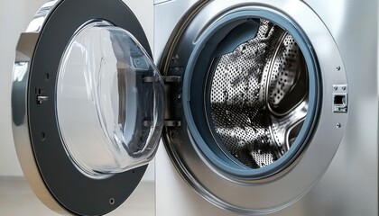 A washing machine that has its door open and contains clothes inside it, waiting for washing