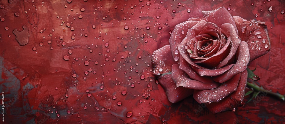 Poster vintage painting style depicting a fully bloomed rose with raindrops on a red speckled backdrop show