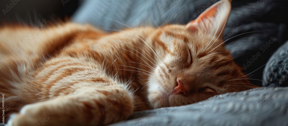 Poster stock photo featuring a cat peacefully asleep with copy space image in the background