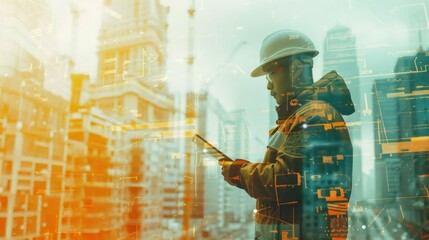 Construction Worker Using Tablet with Digital Overlays