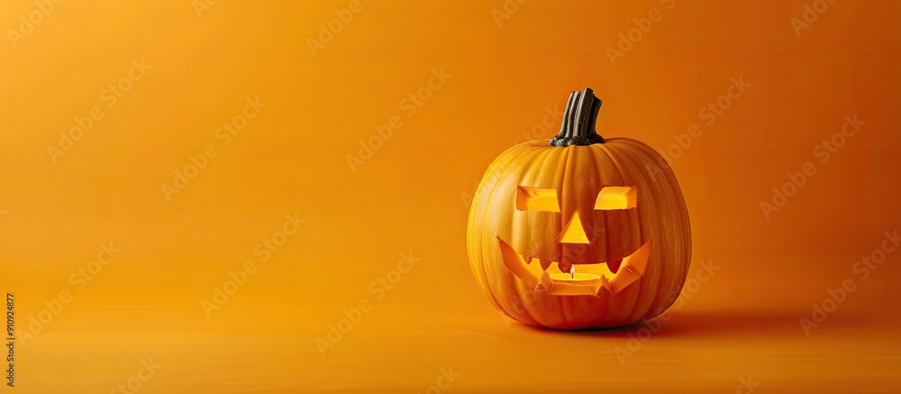 Poster An illuminated Halloween pumpkin on an orange backdrop with room for text in a copy space image