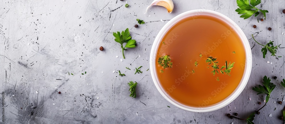Poster a healthy food moment captured from above with a bowl of broth on a gray background providing ample 