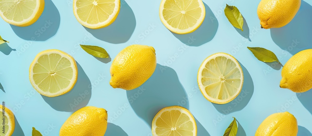 Poster a fresh and trendy summer themed flat lay with lemon patterns on a bright light blue background with