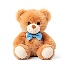 Obraz premium Cute brown teddy bear with a blue bow tie, sitting on a white background.