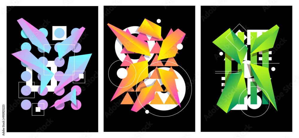 Poster 3d geometric pattern set element in mid-century minimal simple style. abstract circle, line, square 