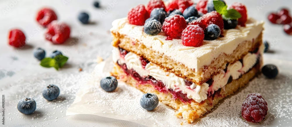 Poster Sponge cake on a white backdrop with copy space image