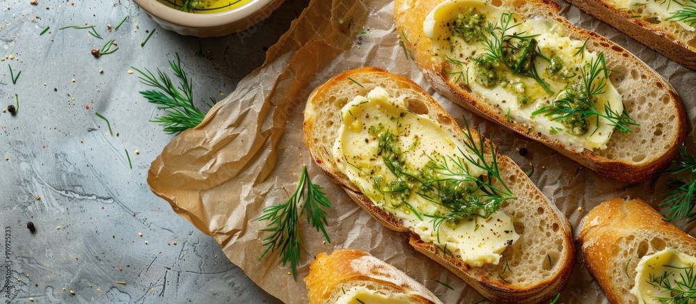 Aufkleber Sliced baguette topped with a spread of butter and dill with a blank space for adding an image. Creative banner. Copyspace image