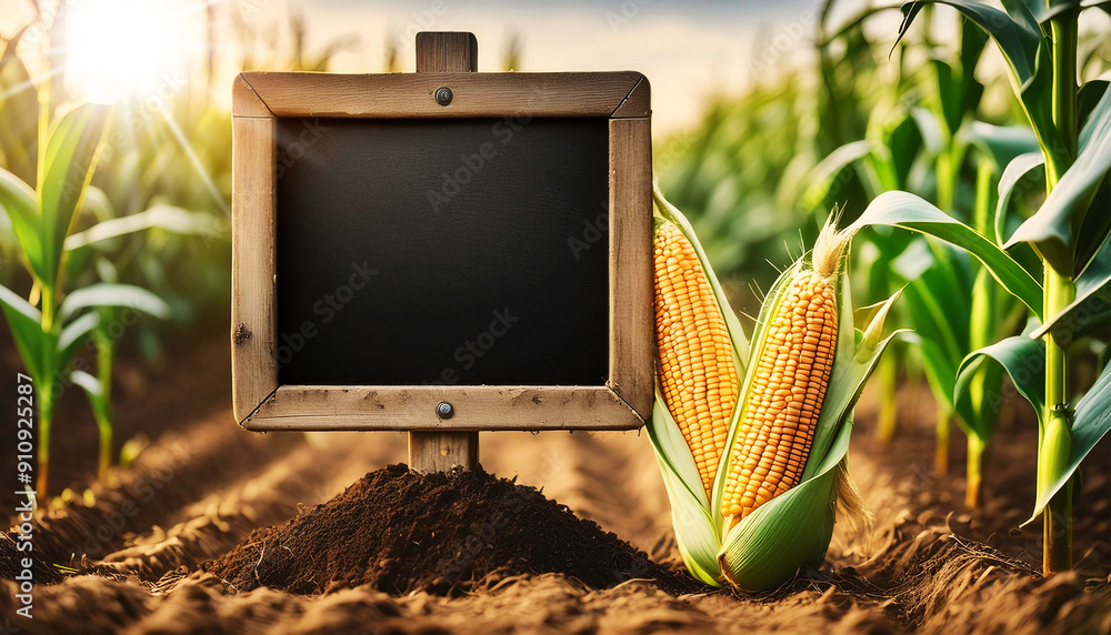 Poster close-up of an empty blackboard with wooden frame hanging from a pole planted in the ground with cop