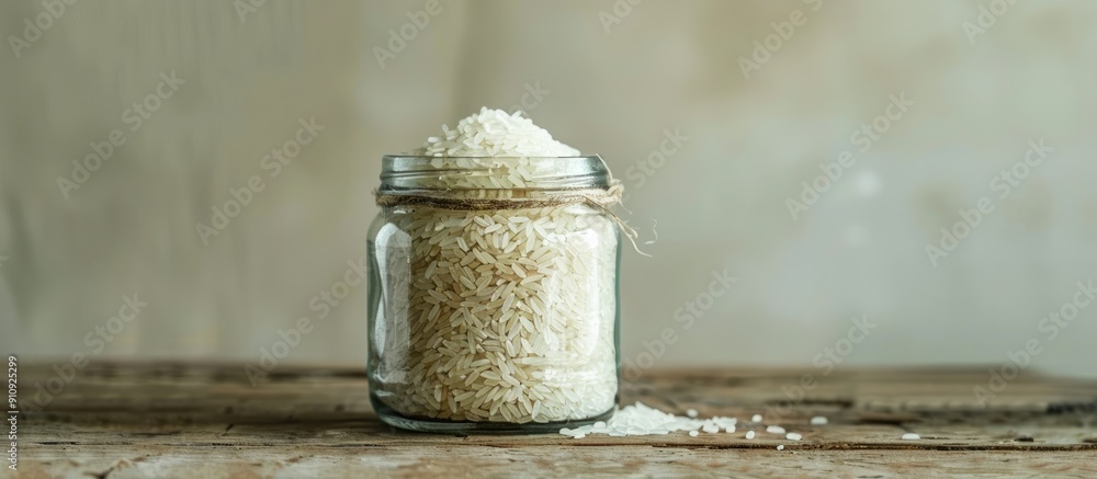 Poster Selective focus on rice in a glass jar on the table with a blank background perfect for a copy space image