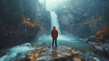 Obraz premium The Johnston Canyon trail in Banff National Park, with a lone traveler standing on a viewing platform, the powerful Upper Falls roaring in the background, and the mist creating a magical atmosphere.