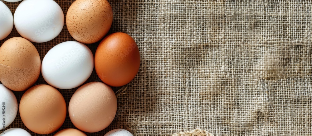 Poster Fresh organic chicken eggs arranged on a rustic burlap cloth in a top down view with a clear area for text or other elements copy space image