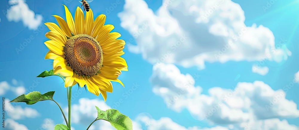 Aufkleber a lone sunflower is being visited by a honey bee against a backdrop of blue cloudy sky with selectiv