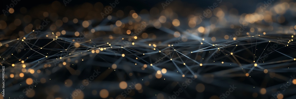Poster a digital network featuring glowing nodes interconnected by lines, illuminated by ethereal lights, d