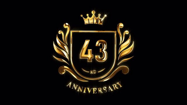 43rd Anniversary Celebration. Happy 43 Years Anniversary Animation in Gold Color on the Transparent Background, Alpha Channel. Great for greetings, celebrations, events, and gifts.