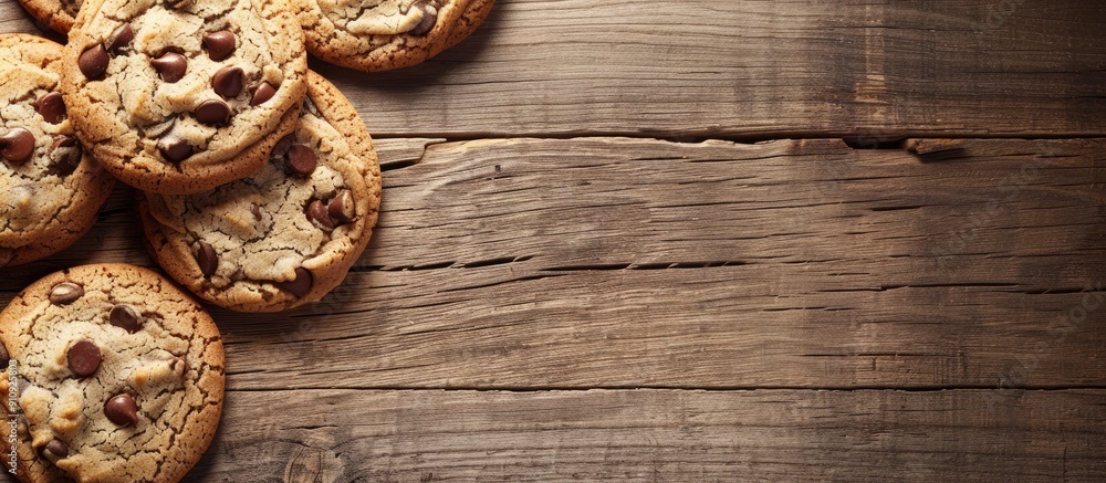 Fototapete Freshly baked cookies placed on a wooden table with space for text or image. Creative banner. Copyspace image