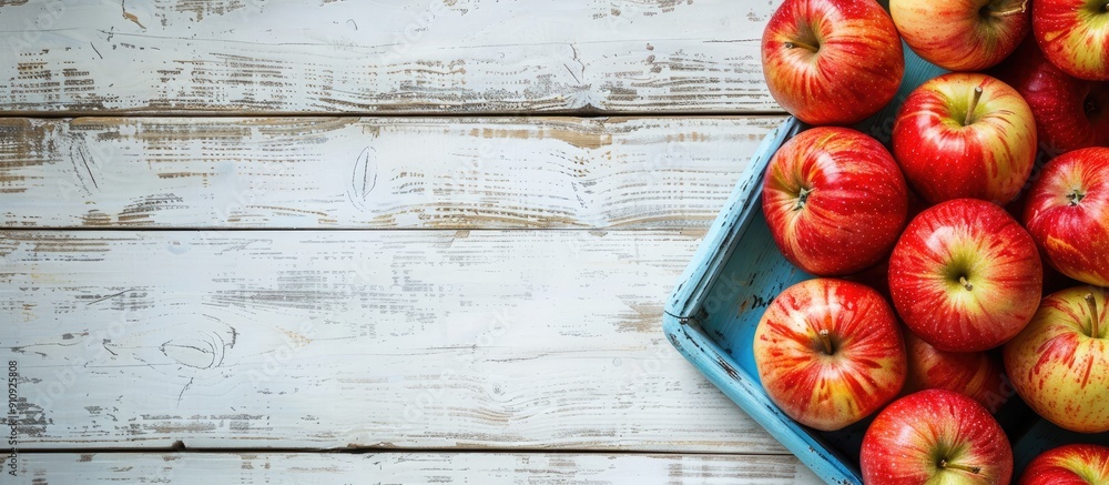 Poster fresh apples arranged neatly on a blue tray on a rustic white wooden table providing a scenic copy s
