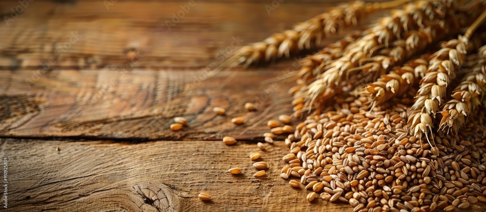 Poster Wheat grains and ears displayed on a wooden table with a blank copy space image