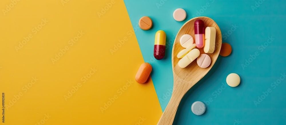 Aufkleber Top view of a variety of vitamin and mineral pills arranged on a wooden spoon against a colored background creating a visually appealing copy space image