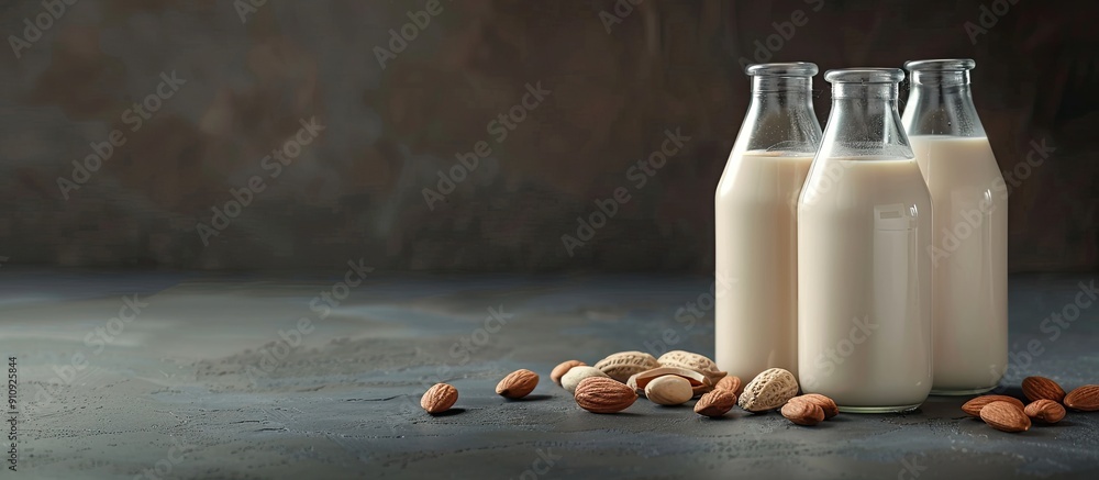 Aufkleber two almond milk bottles with nuts on a dark table lactose and sugar free perfect for vegetarians ide