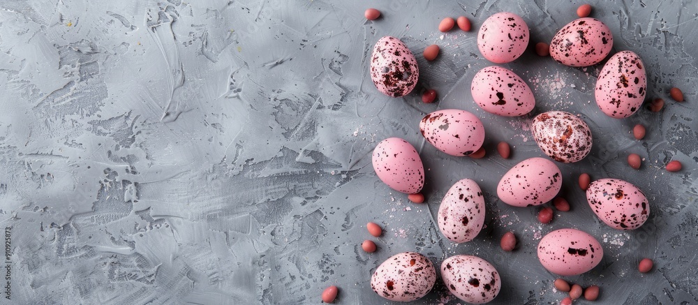 Poster happy easter holiday featuring pink quail eggs on a gray background in a flat lay composition with c