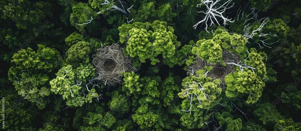 Fototapete top view of forests with osprey nests captured in a compelling copy space image