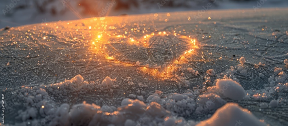Poster creating a heart shaped drawing on the glittering snow with a radiant surface emanating light provid