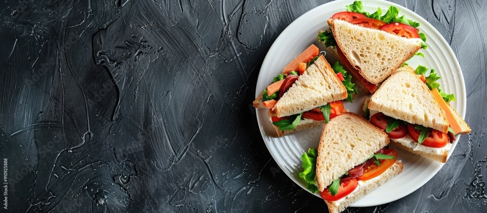 Aufkleber sandwiches prepared at home displayed on a dark background on a white plate with copy space image