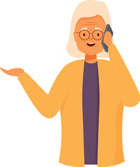 Cheerful senior woman is having a lively phone conversation, gesturing with one hand while holding the smartphone to her ear