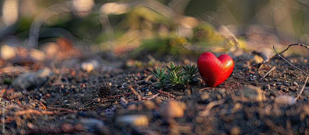 Poster a red heart on the ground in a natural setting creates a valentine s day theme symbolizing love and 