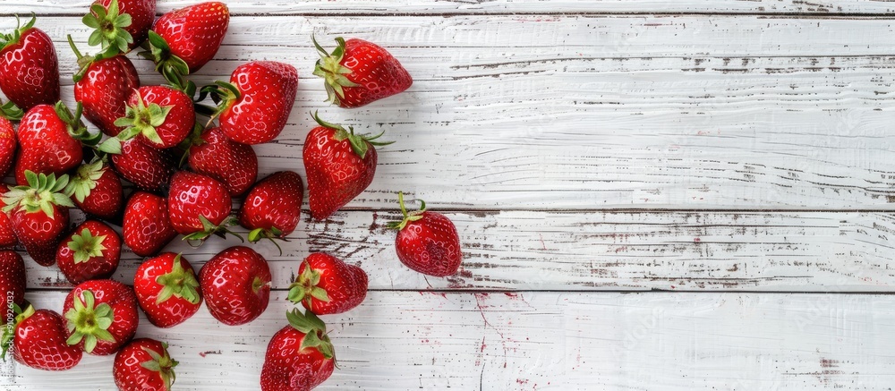 Poster Top view of ripe red strawberries on a rustic white wooden background with copy space image