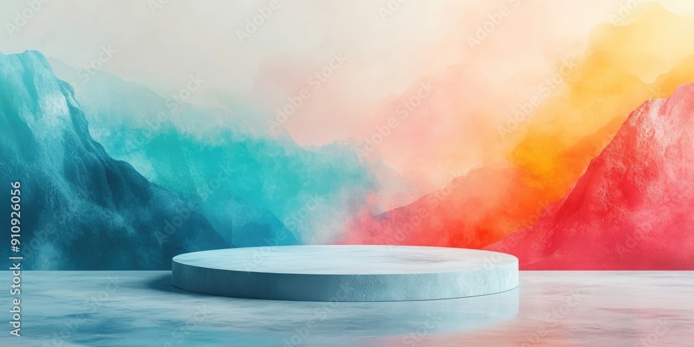 Poster Circular Platform Against Watercolor Mountain Background