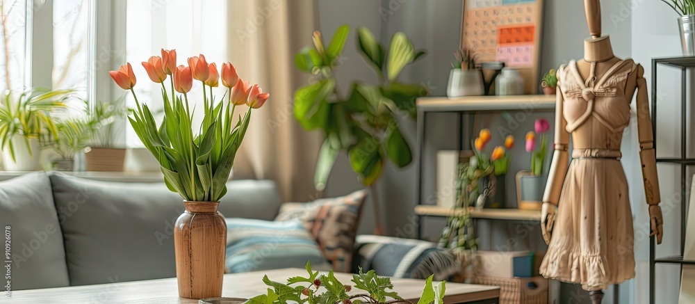 Poster In the living room there is a table with a vase of tulips a calendar and a wooden mannequin creating a cozy ambiance with a rustic touch against a copy space image