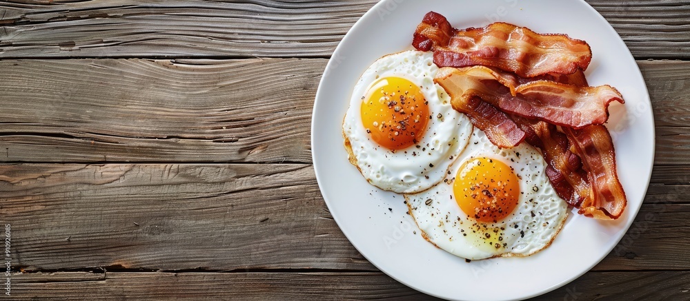 Aufkleber Plate with a delectable dish of fried eggs and crispy bacon perfect for breakfast creating a charming and appetizing scene with a copy space image