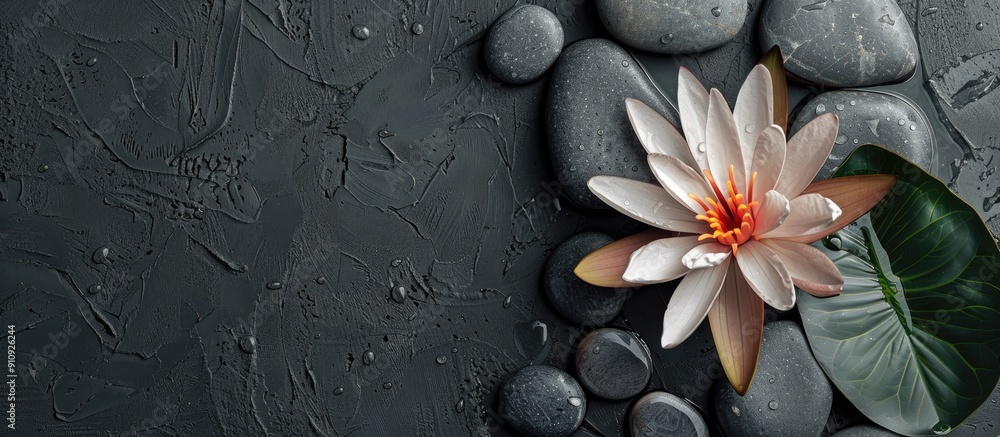 Aufkleber gray background with spa stones and a flower perfect for a copy space image