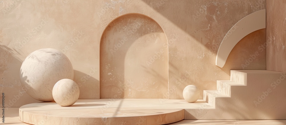 Poster geometric podium on light brown backdrop with copy space image for showcasing products from above