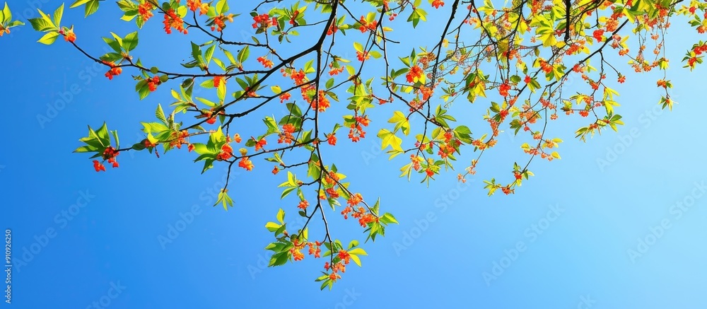 Poster sunny day shows colorful branches of hazel tree against blue sky creating an image with copy space