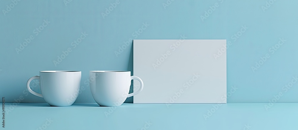 Poster Mock up featuring two coffee cups and a white card on a blue backdrop ready for customization with available copy space image