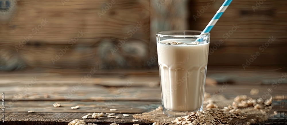 Poster A glass of oat milk with a blue paper straw on a wooden background perfect for adding text or images in the copy space image