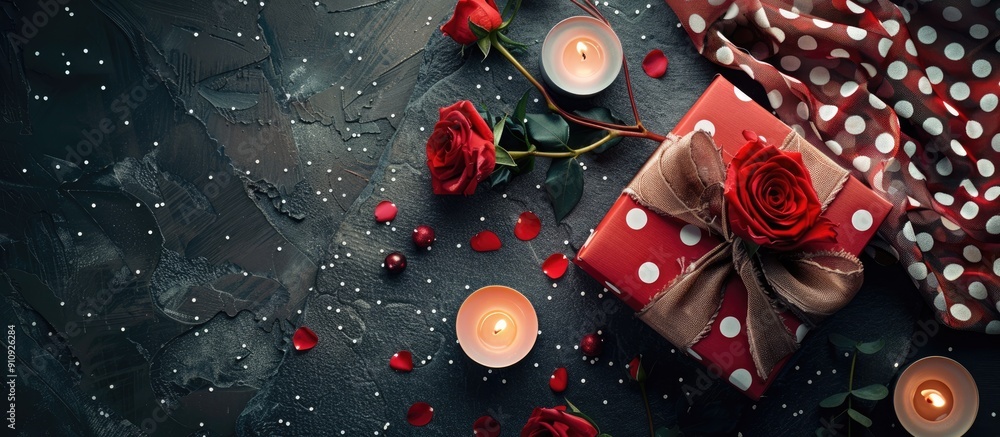 Aufkleber A romantic gift idea featuring a red box tied with a bow candles fake flowers and a polka dot cloth displayed on a stone surface from above with room for additional images