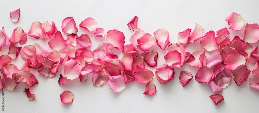 Poster copy space image featuring a frame crafted from delicate pink rose petals against a white backdrop c