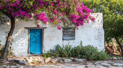 Mediterranean Cottage with Bougainvillea: Charming whitewashed cottage with a vibrant blue door, pink bougainvillea blossoms, creating a picturesque scene of Mediterranean life.