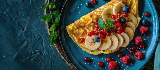 A vintage styled top view photo of an omelette with bananas and red berries presented on a blue plate with dark food photography featuring copy space image