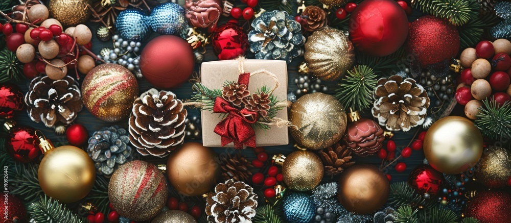 Poster A festive image with various Christmas elements perfectly arranged for a charming display featuring a present at the center with surrounding seasonal decorations ideal for holiday designs with copy s