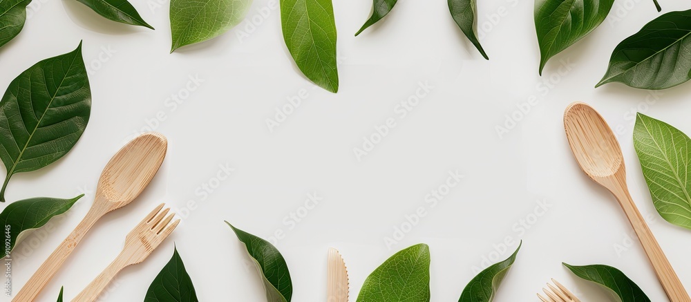 Poster eco friendly cutlery on a light background for food delivery with a green leaf frame on a white back